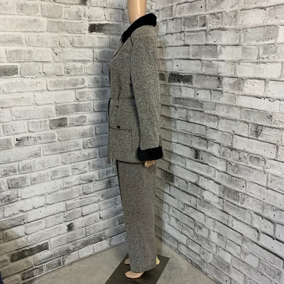 Vintage Pant Suit Tweed Herringbone Faux Fur Collar Blazer High Rise 2 Piece Set - Picture 6 of 16
